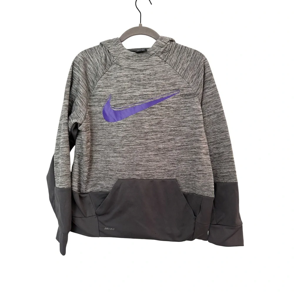 Nike Dri-FIT Hoodie Kids XL Gray Space Dye Purple Swoosh Pullover Sweatshirt